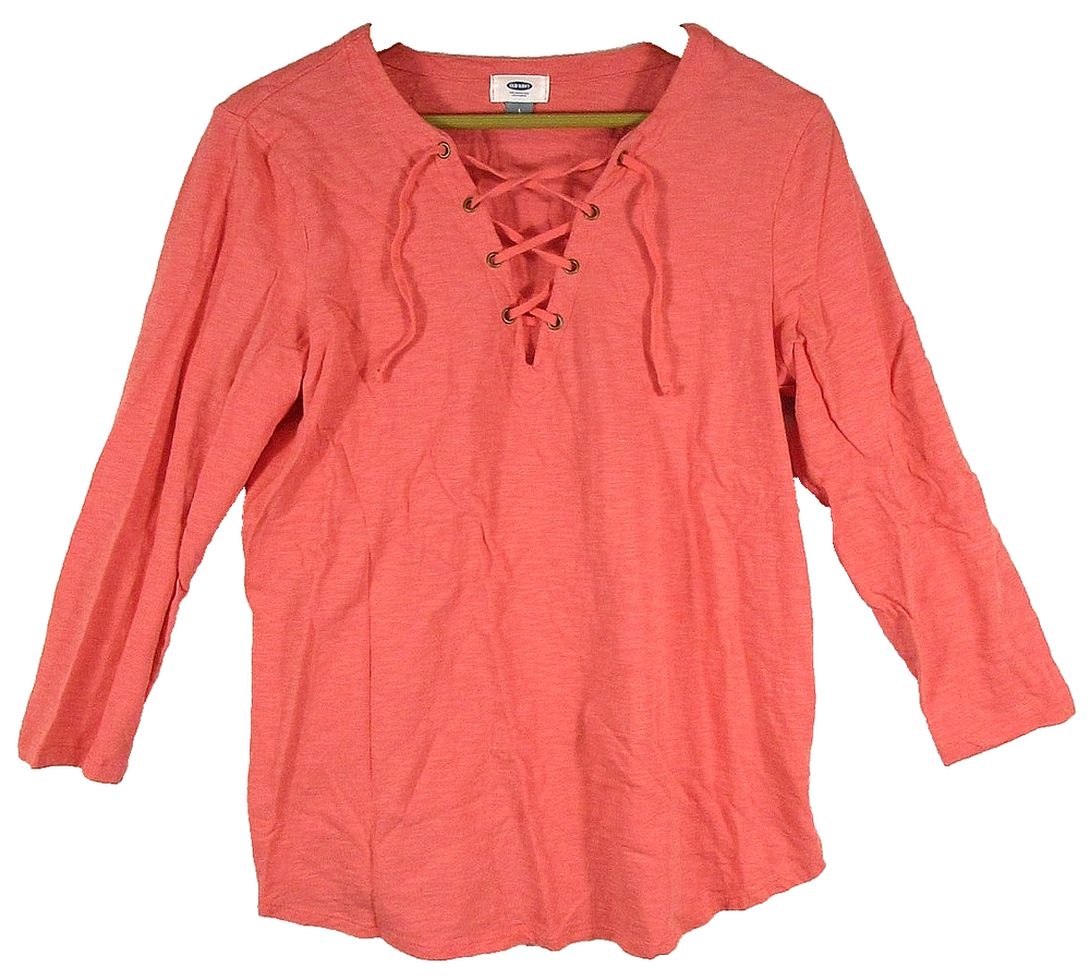Old Navy Womens Lace-Up V-Neck T-Shirt Lightweight Long Sleeve Size L Coral