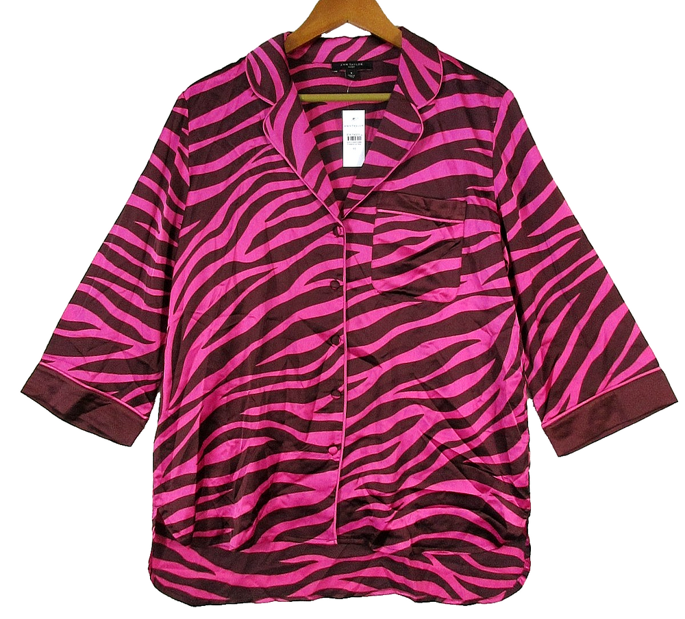 Ann Taylor Womens Button Front Zebra Top Long Sleeve Pockets Size M Brown/Pink