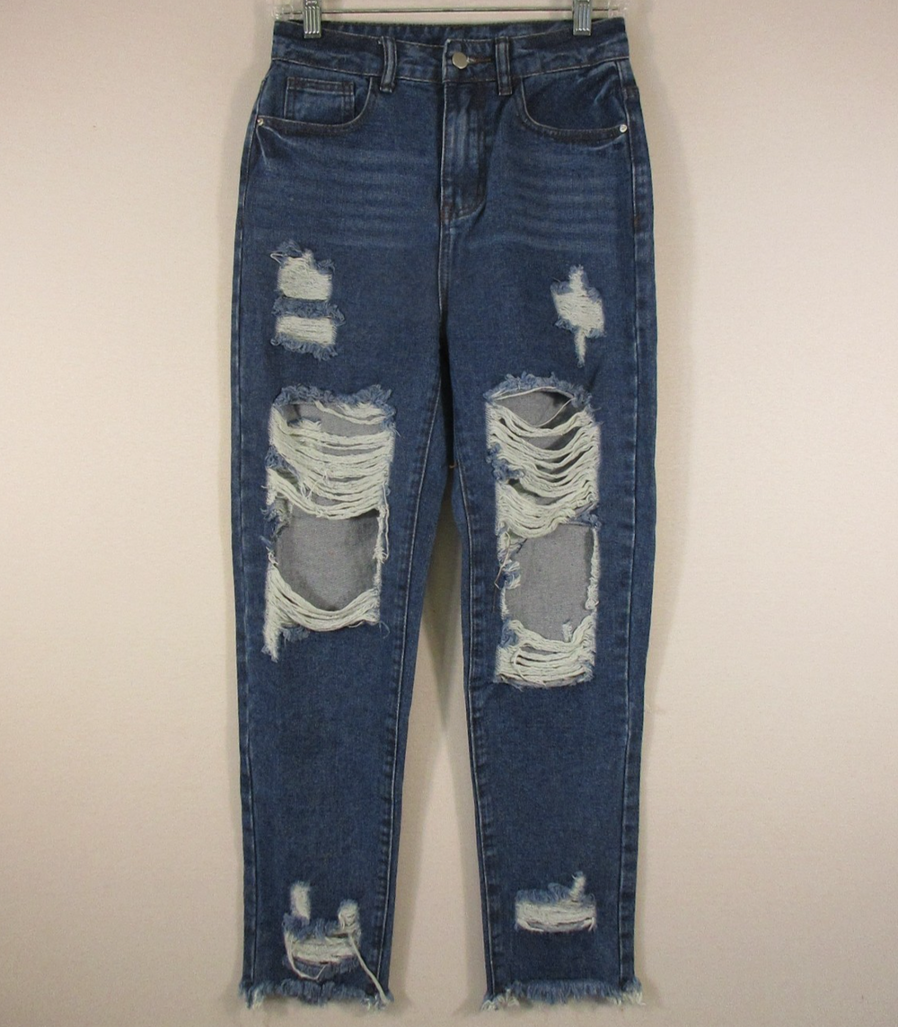 Shein Womens Stretch Denim Distressed Jeans Frayed Hem Pockets Size XS Blue