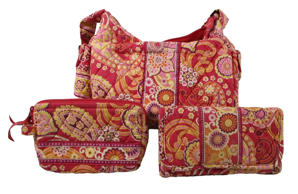 Vera Bradley Womens Floral Tote/Wallet/Cosmetic Pouch 3 Piece Set Red