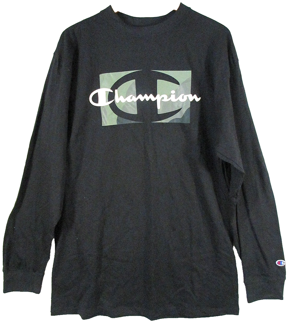 Champion Mens Stretch Logo Graphic T-Shirt Round Neck Long Sleeve Size L Black