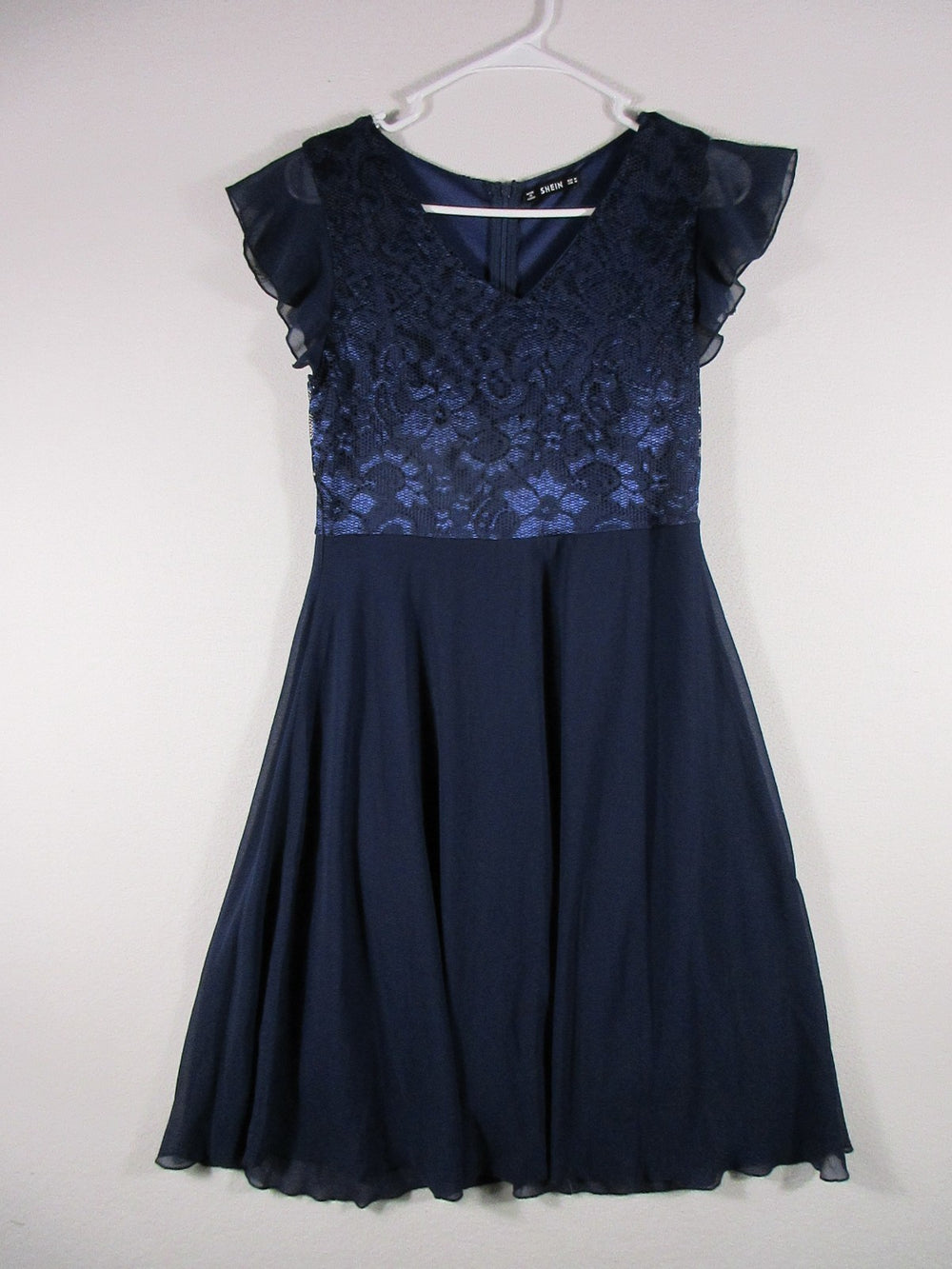 Shein Womens Ruffle Back Zip Dress V-Neck Cap Sleeve Lace Up Size M Blue