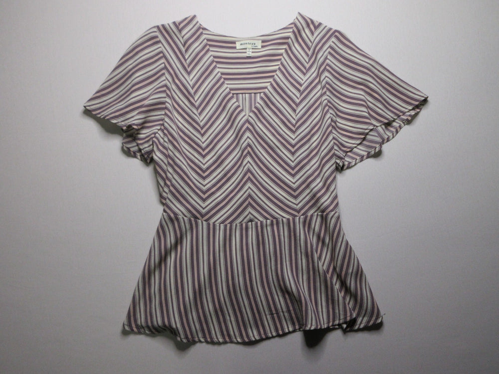 Monteau Los Angeles Purple Pink Striped Cap Sleeve Peplum Blouse Top Women's XL