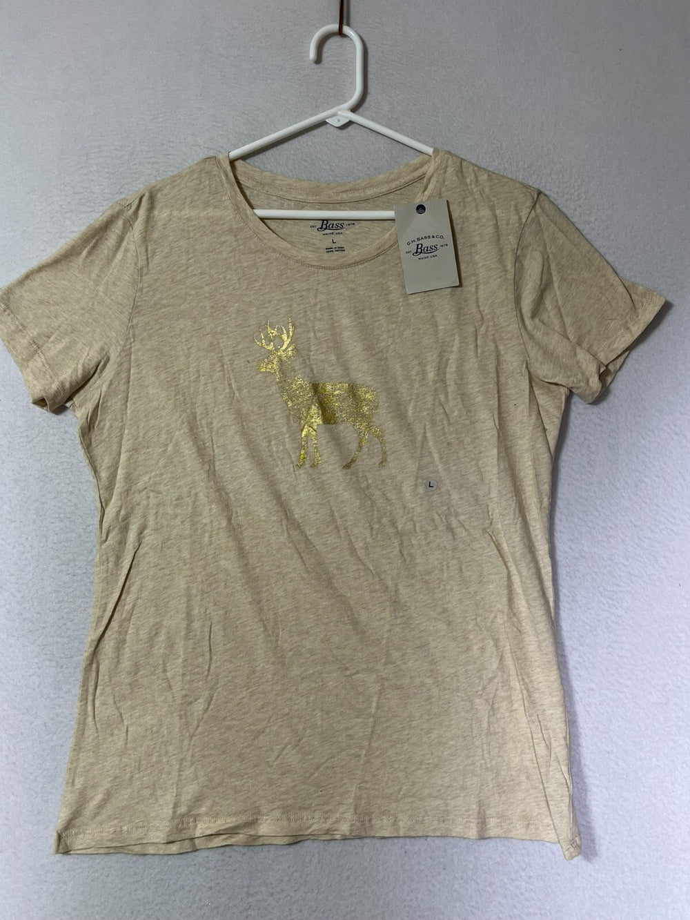 Vintage G.H. Bass Tan Crew Neck T Shirt Deer Sequin Womens Size Large NWT