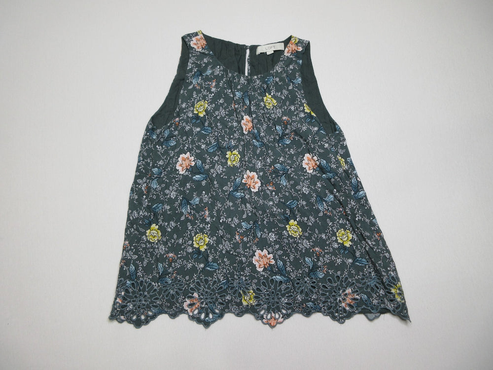 LOFT Floral Print Eyelet Scoop Neck Womens Tank Top Sleeveless Size M Green