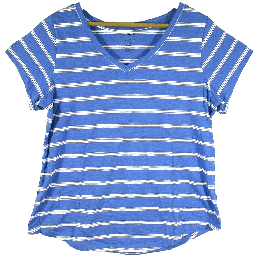Sonoma Goods For Life Womens V-Neck Striped T-Shirt Short Sleeve Size 0X Blue