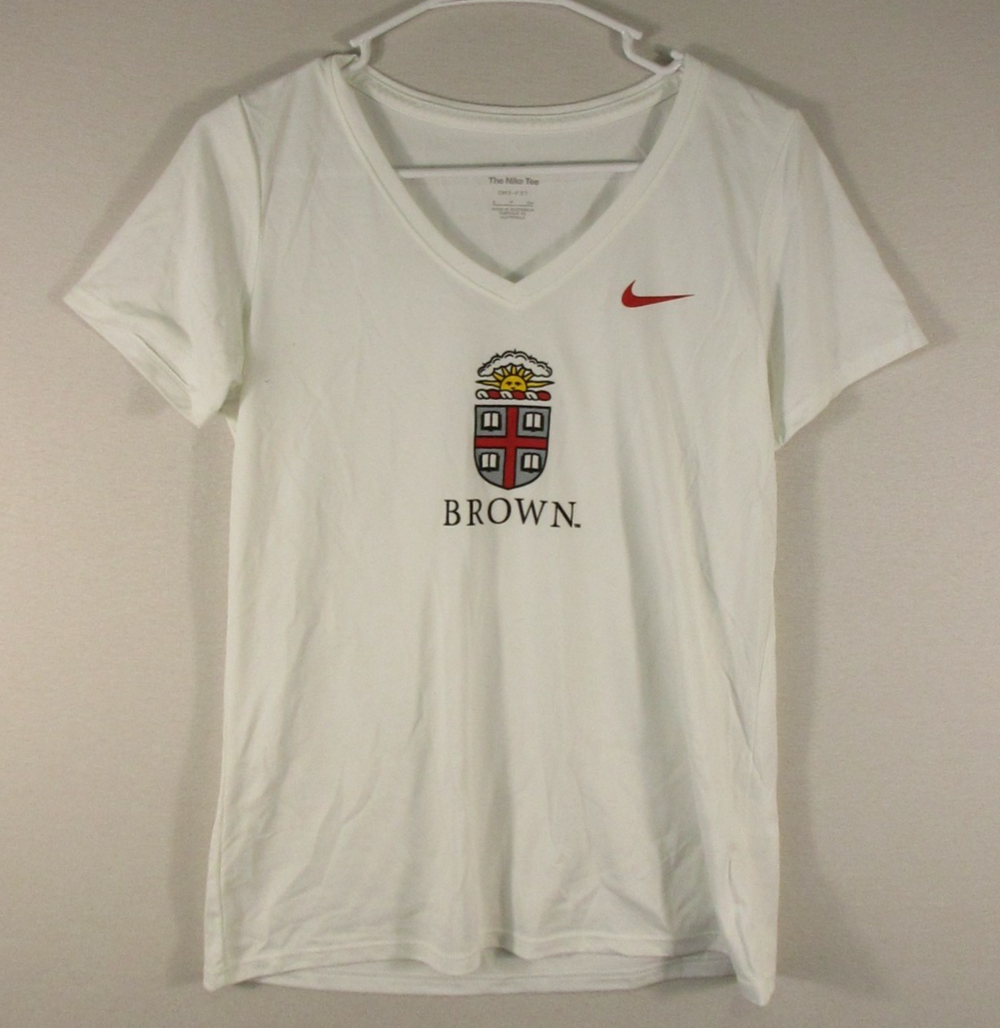 Nike Mens Dri-Fit T-Shirt Brown University Crest Logo Short Sleeve Size S White