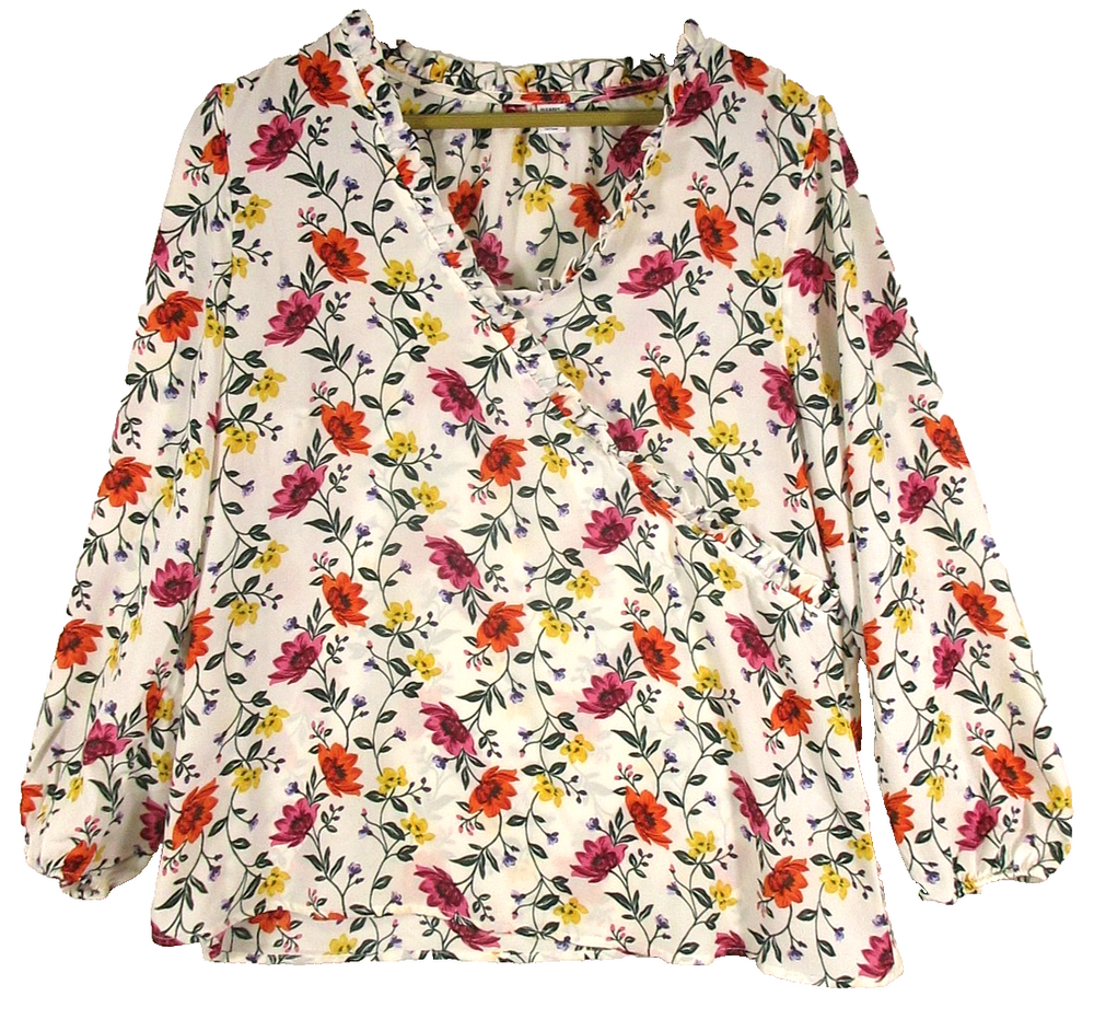 Old Navy Womens Floral Faux Wrap Ruffle Blouse Long Sleeve Size L White