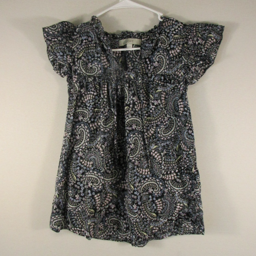 Ann Taylor Loft Womens Paisley Tie-Neck Top Ruffle Sleeve Size S Multicolor