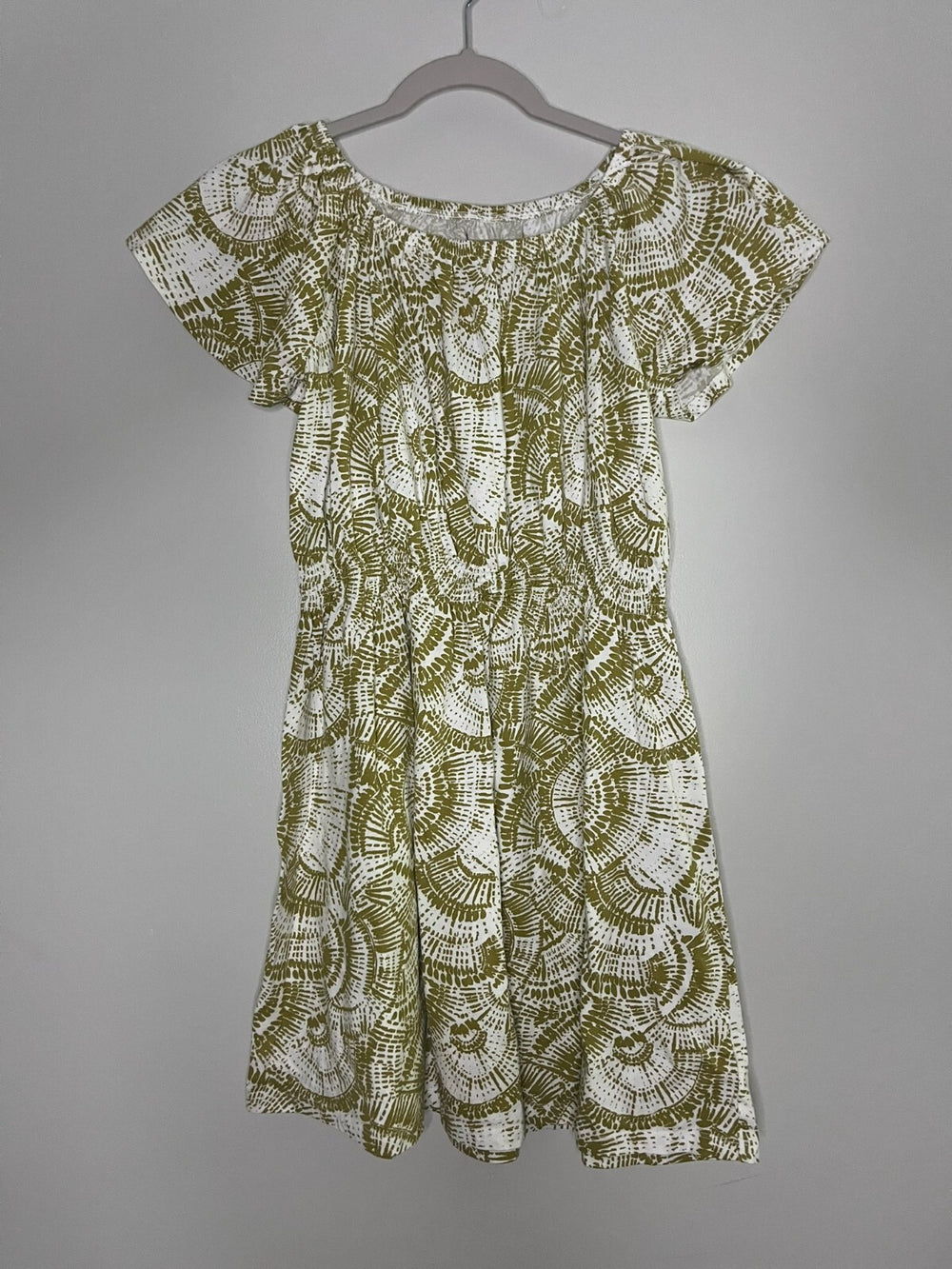 Gap White Green Smocked Floaty Cap Sleeve Dress Elastic Waistband Kids Size XXL