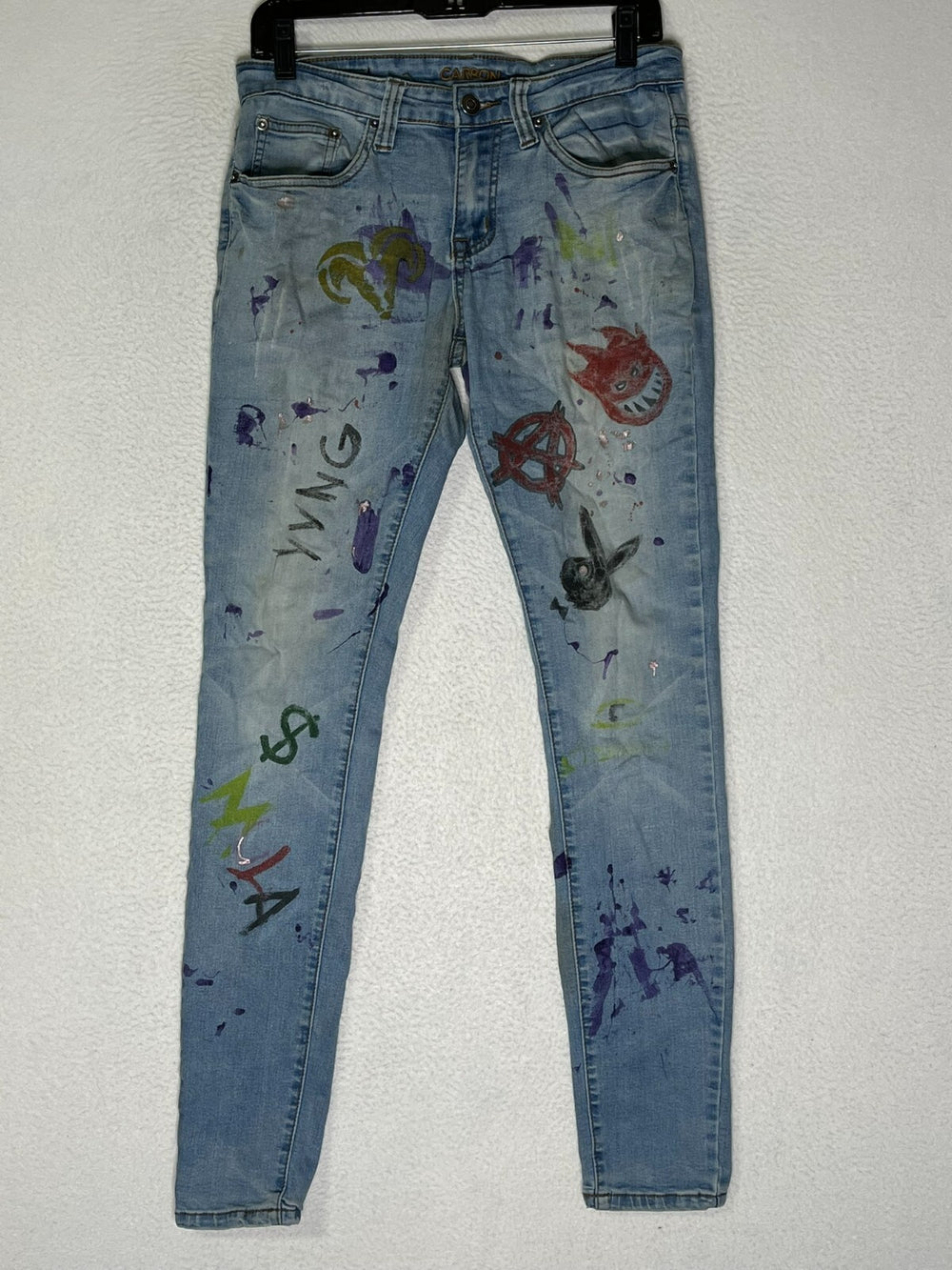 Carbon Blue Flex Super Skinny Jeans Graffiti Paint Denim Womens Size 28/32