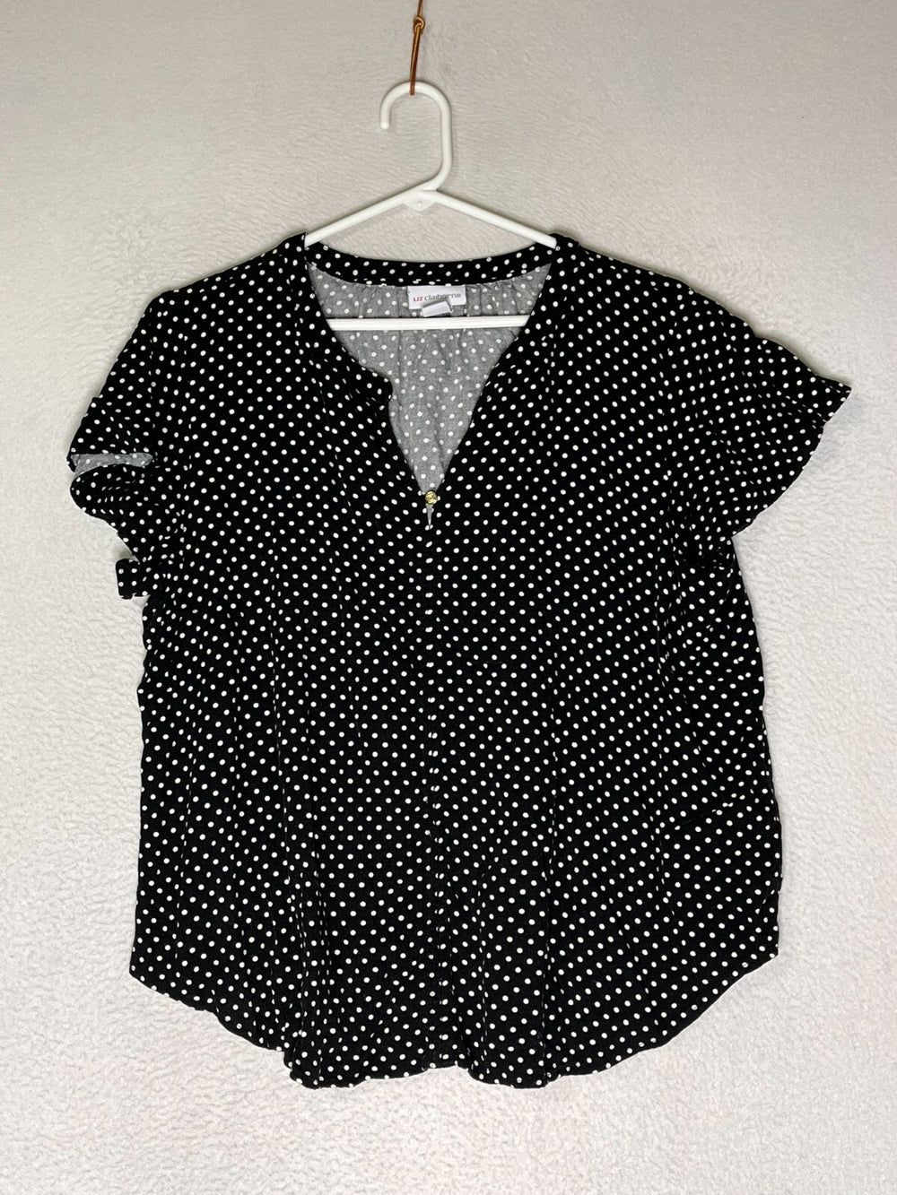 Liz Claiborne Black White Polka Dots Flowy V Neck Flutter Sleeve Tunic Top SZ L