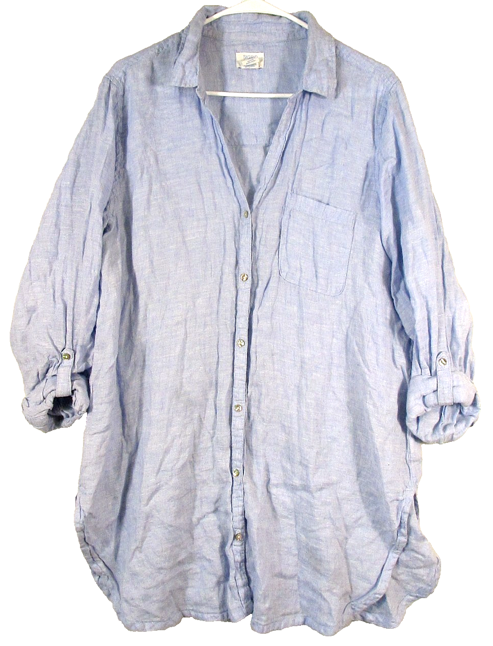 Sigrid Olsen Womens Button-Up Tunic Dress Roll Tab Sleeve Pockets Size XL Blue