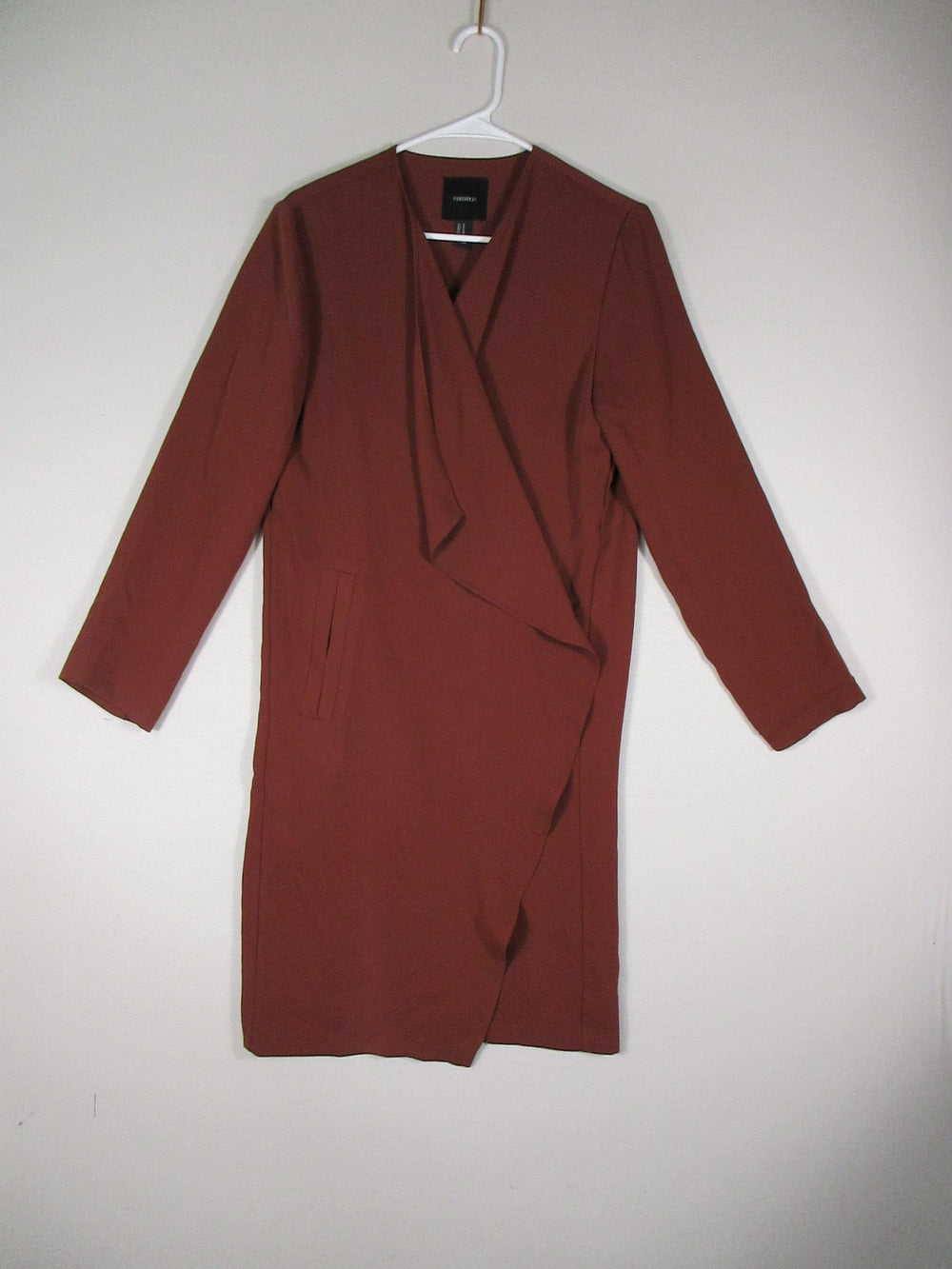 Forever 21 Womens Knee Length Dress V-Neck Open Front Long Sleeve Size M Brown