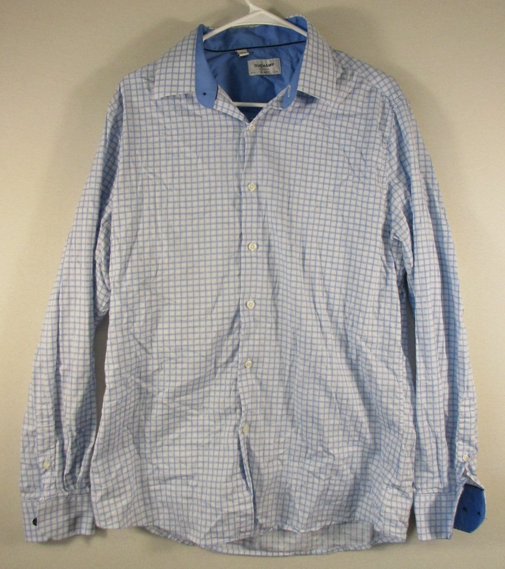 Duchamp Mens Button-Up Slim Fit Shirt Plaid Print Long Sleeve Size L Blue