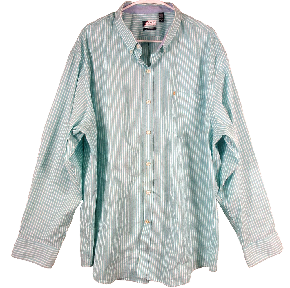 Izod Mens Button-Up Non Iron Stretch Shirt Striped Print Size 2XL Blue/White