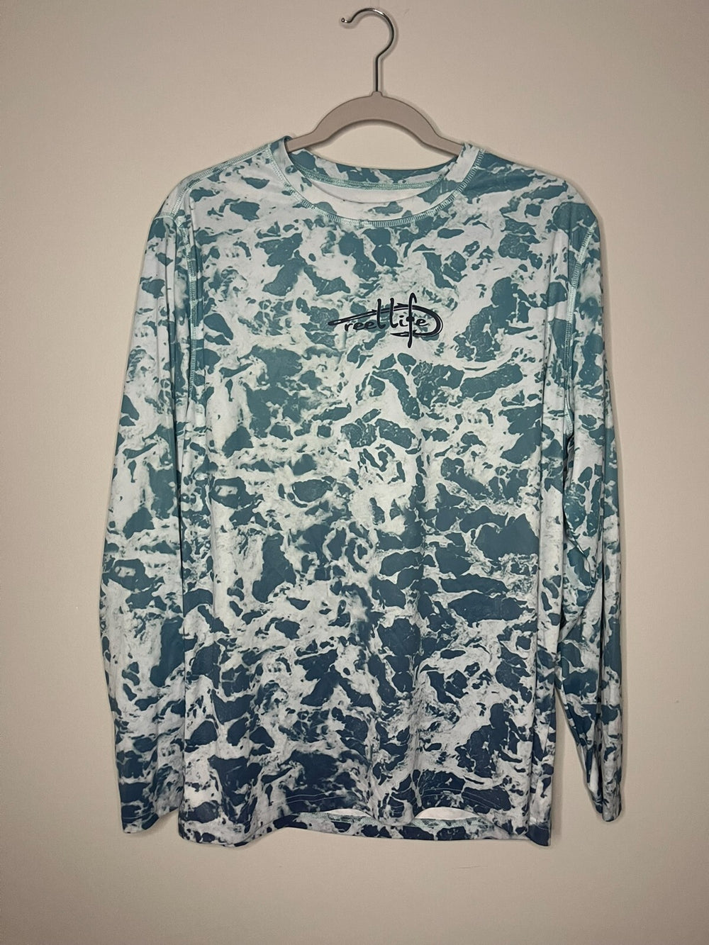 Reel Life Teal White Long Sleeve Tie Dye Crew Neck T-Shirt Men's Size Large