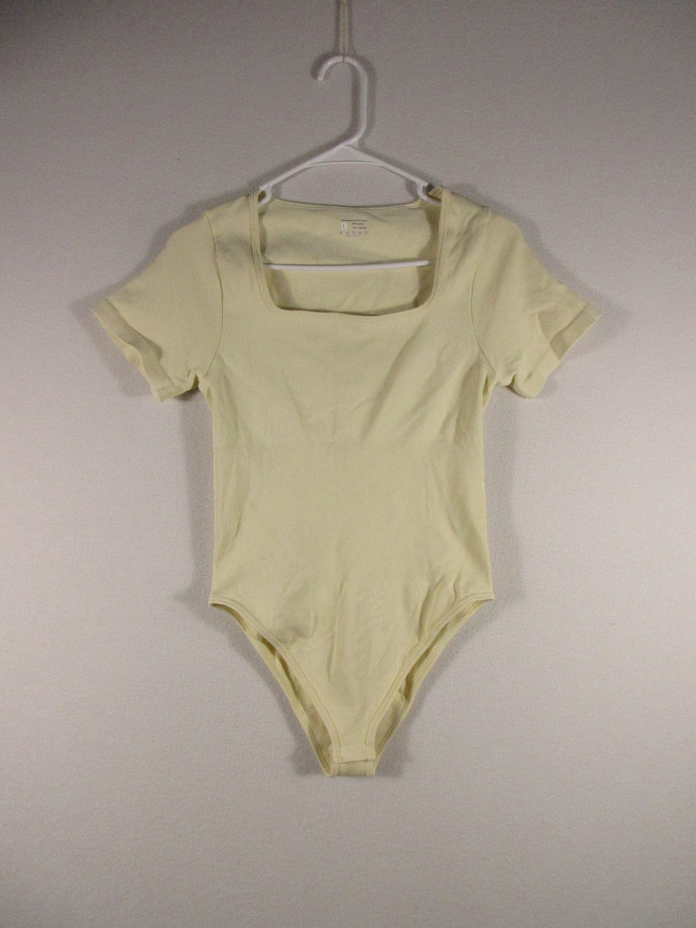 OQQ Womens High Cut Knit Bodysuit Square Neck Long Sleeve Size L Cream