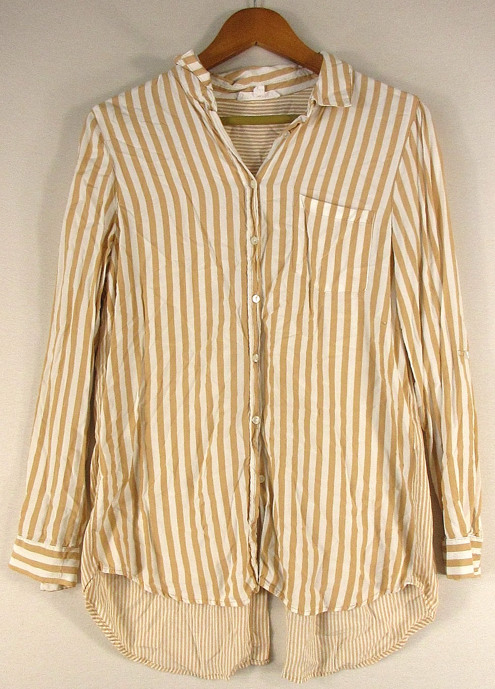 Jane & Delancey Womens Button Front Striped Shirt Long Sleeve Size M Tan/White