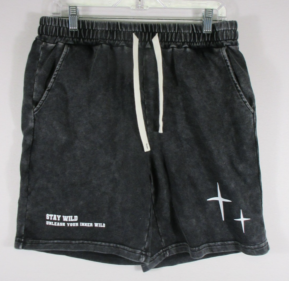 Manfinity Mens Stay Wild Graphic Shorts Drawstring Waist Pockets Size M Black