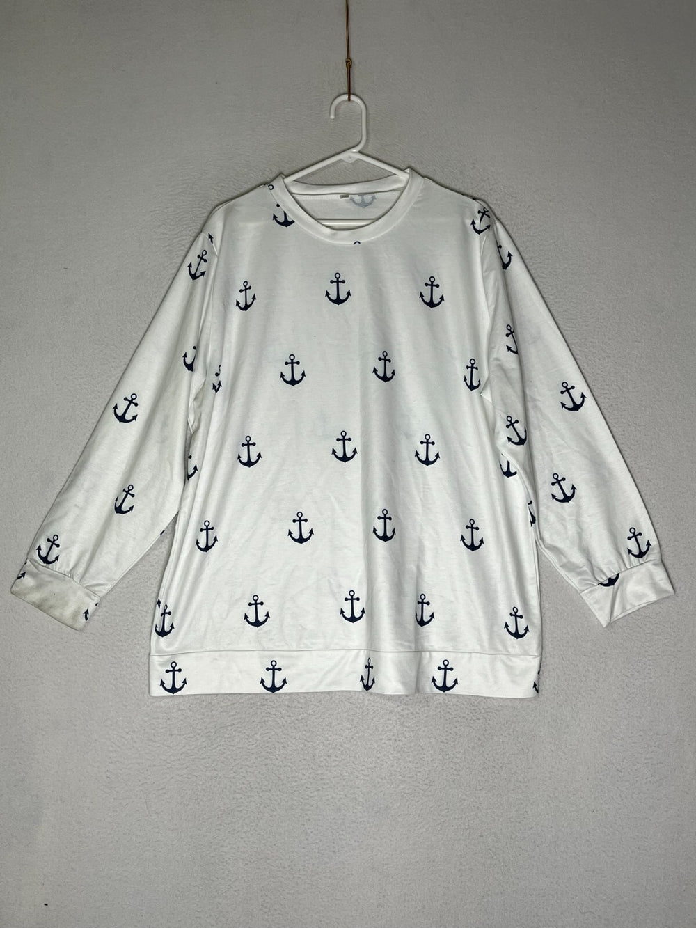 Vintage White Blue Crew Neck T Shirt Long Sleeve Anchor Allover Women's Size XL