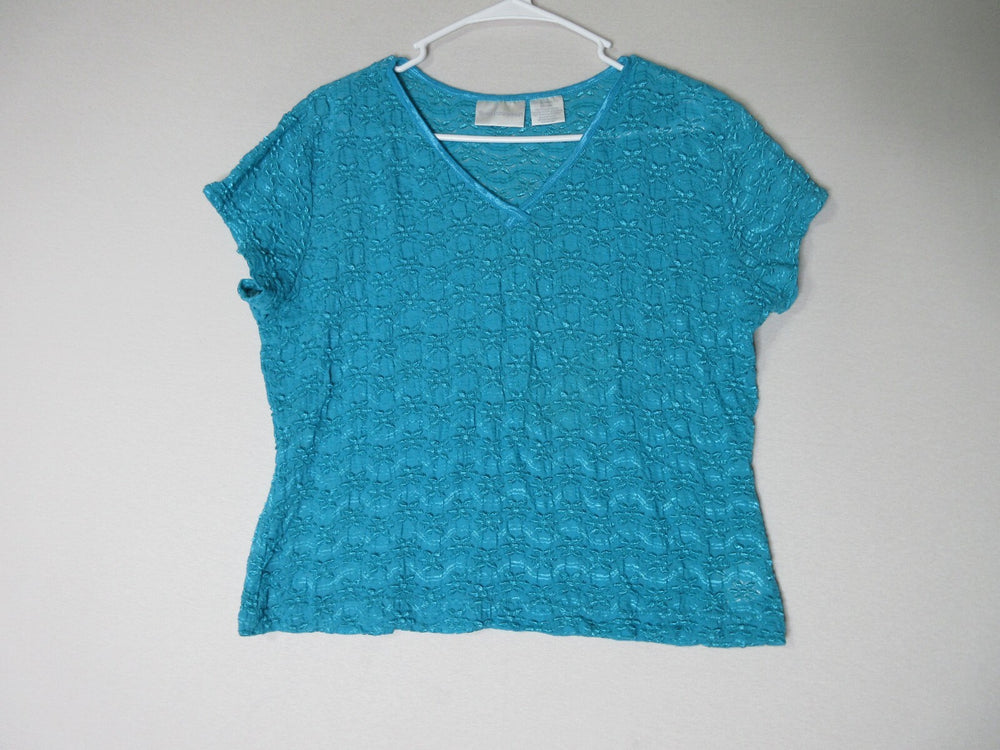 Worthington Womens Floral Embroidered V-Neck Top Short Sleeve Size L Blue