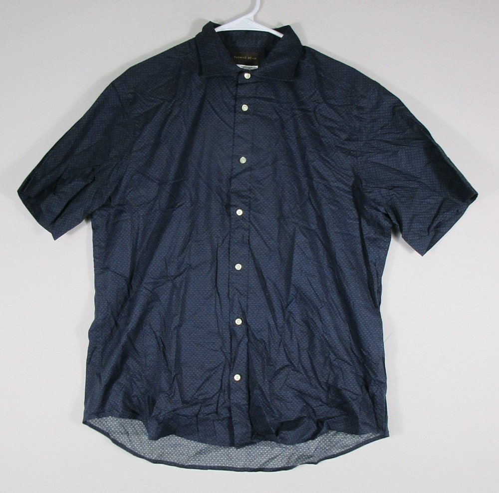 Thomas Dean Mens 100% Cotton Button-Up Shirt Short Sleeve Polka Size L Blue