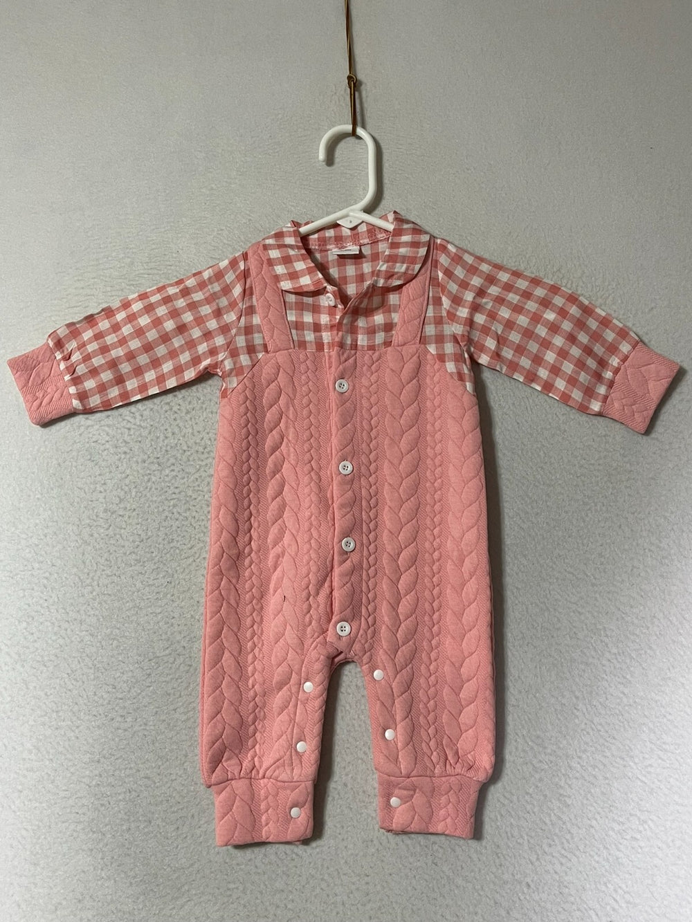 Vintage Pink Patchwork Long Sleeve Plaid Romper Jumpsuit Newborn Baby Size 3-6M
