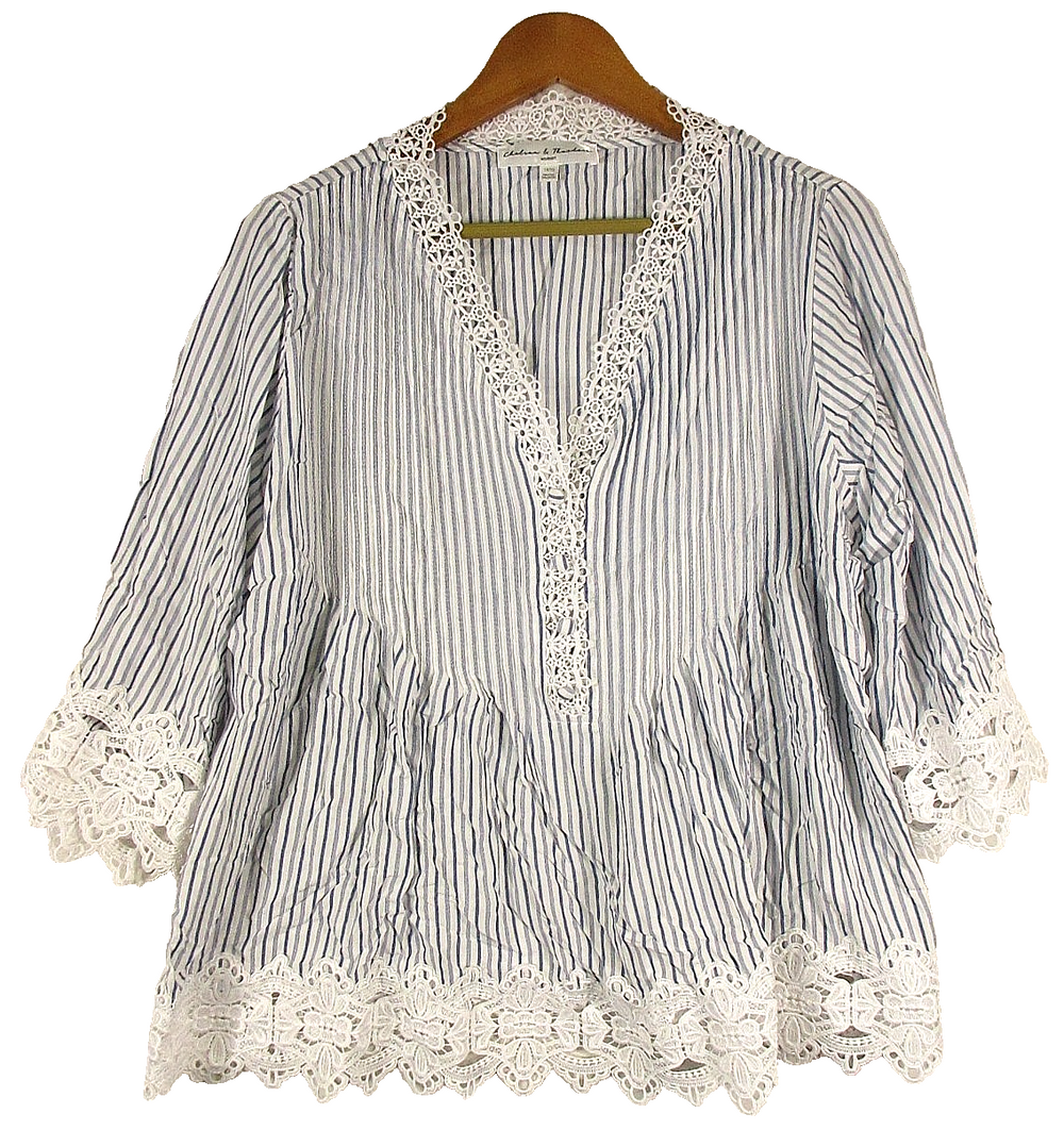 Chelsea & Theodore Womens Button-Up Striped Blouse Long Sleeve Size 1X Blue/Whit