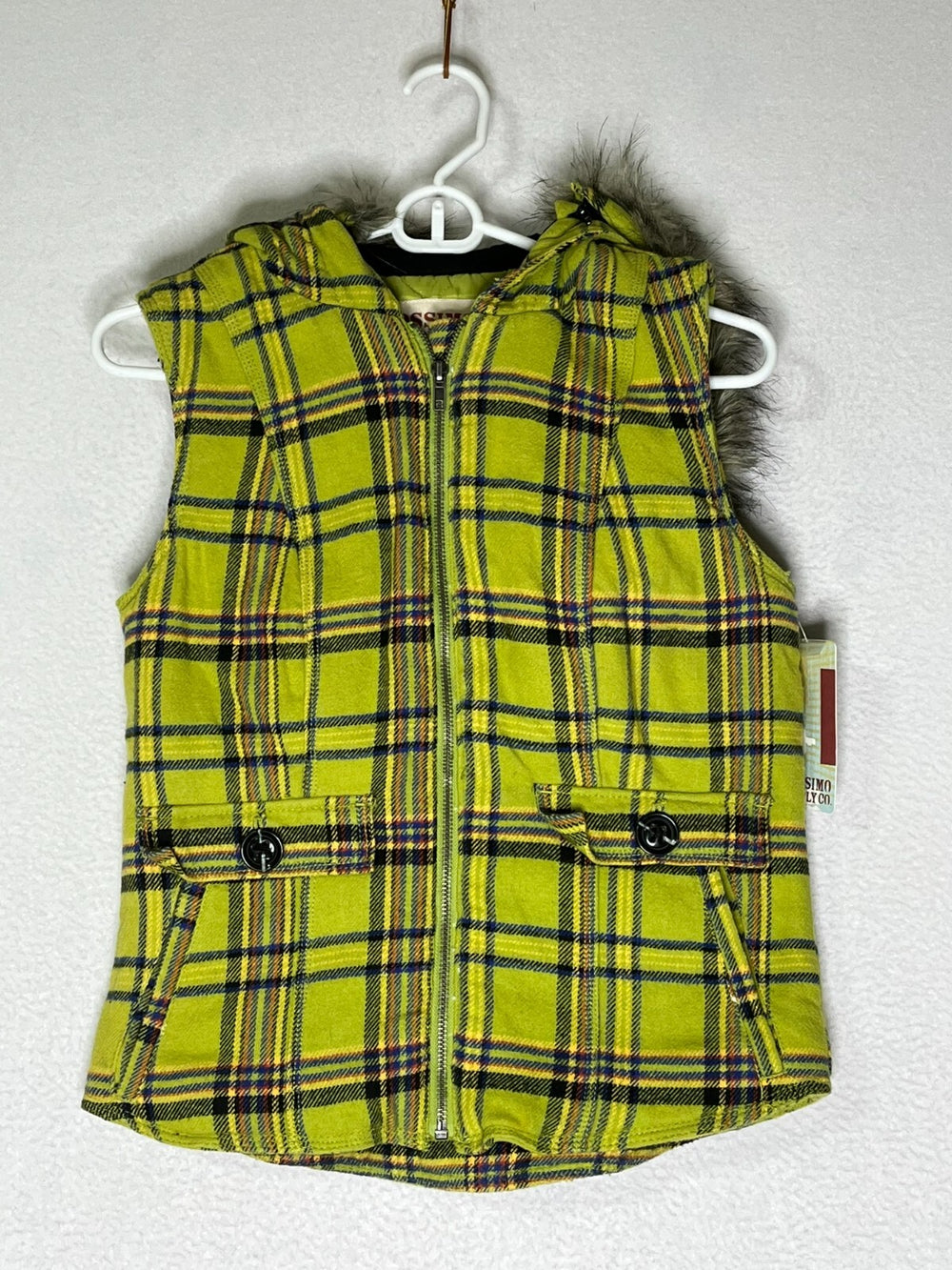 Mossimo Supply Co. Lime Green Plaid Vest Jacket Faux Fur Trim Hood Women's Small