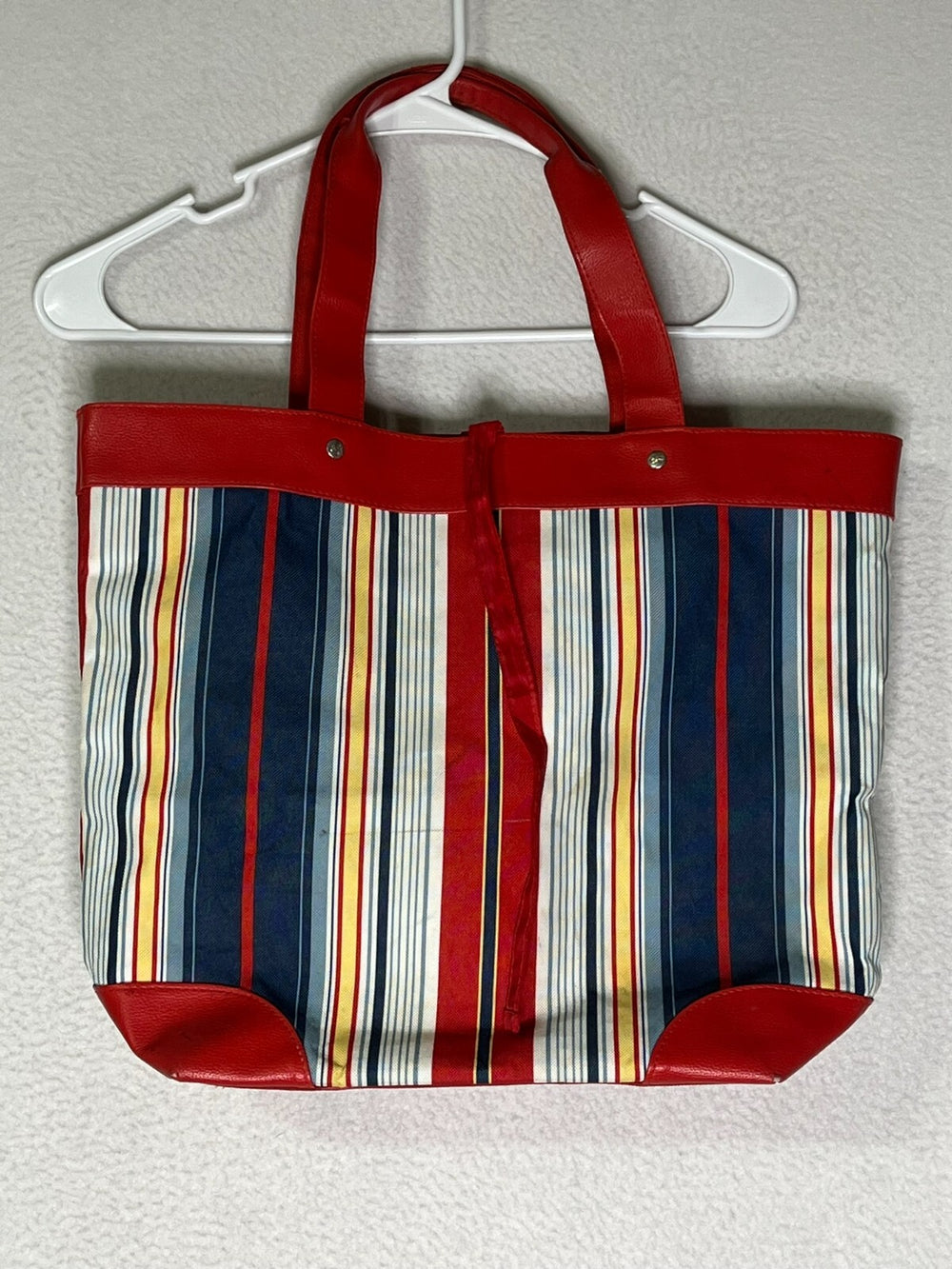 Lancome Red Blue Striped Tote Travel Bag Faux Leather Trim Womens One Size