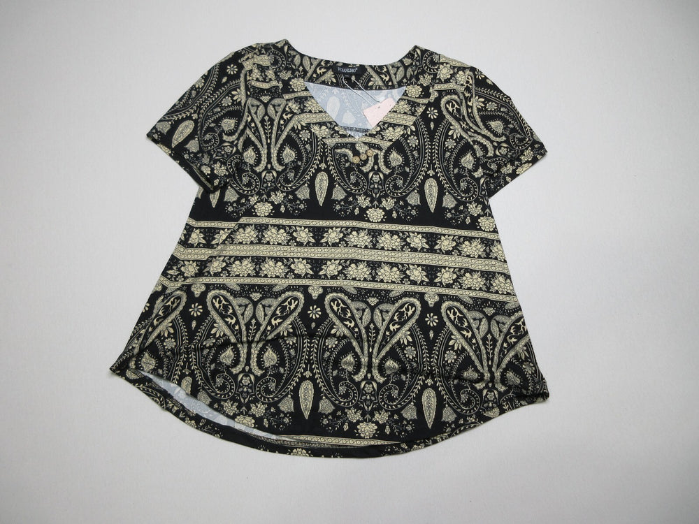 Voianlimo Womens Paisley Print Regular Fit V-Neck Top Short Sleeve Size M Black