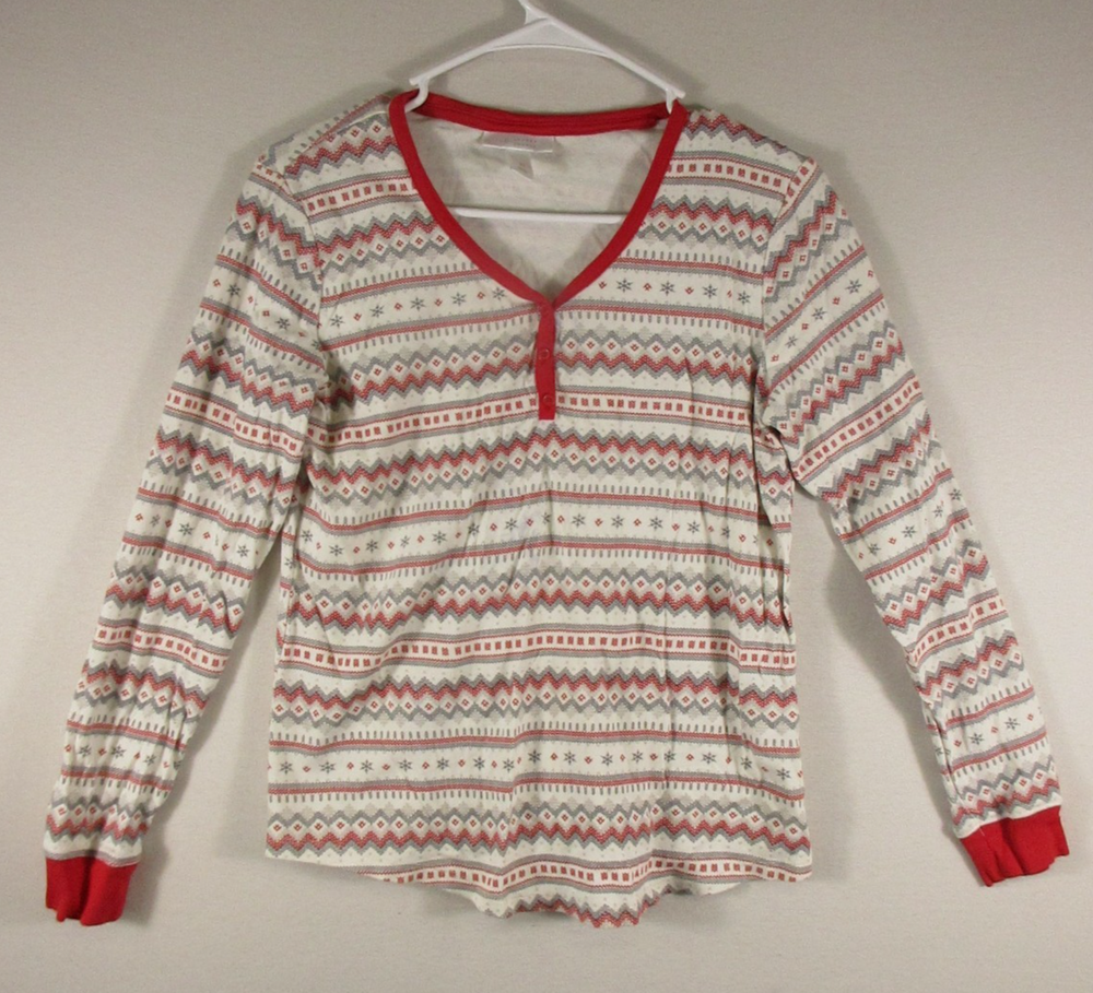 LC Lauren Conrad Womens V-Neck Shirt Top Holliday Print Long Sleeve Size M White