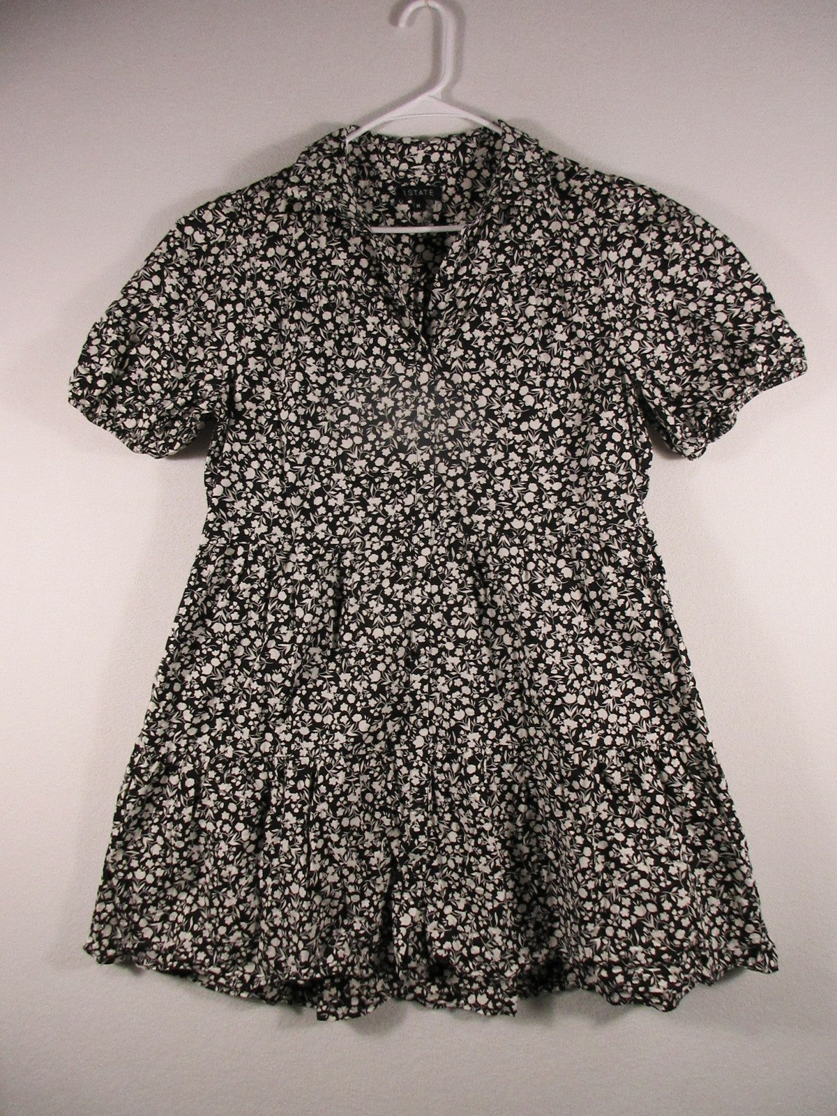 1.State Womens Short Sleeve Floral Swing Dress Collar Neck Size XL Black/White