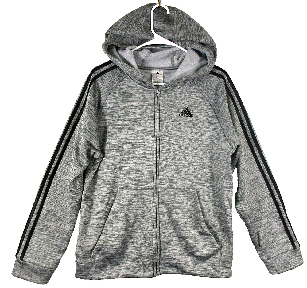 Adidas Boys Zip-Up Fleece Hoodie Sweatshirt Long Sleeve Pockets Size XL Gray