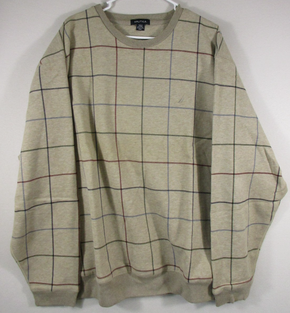 Nautica Mens Pullover Crew Neck Sweater Plaid Print Long Sleeve Size 2XL Beige