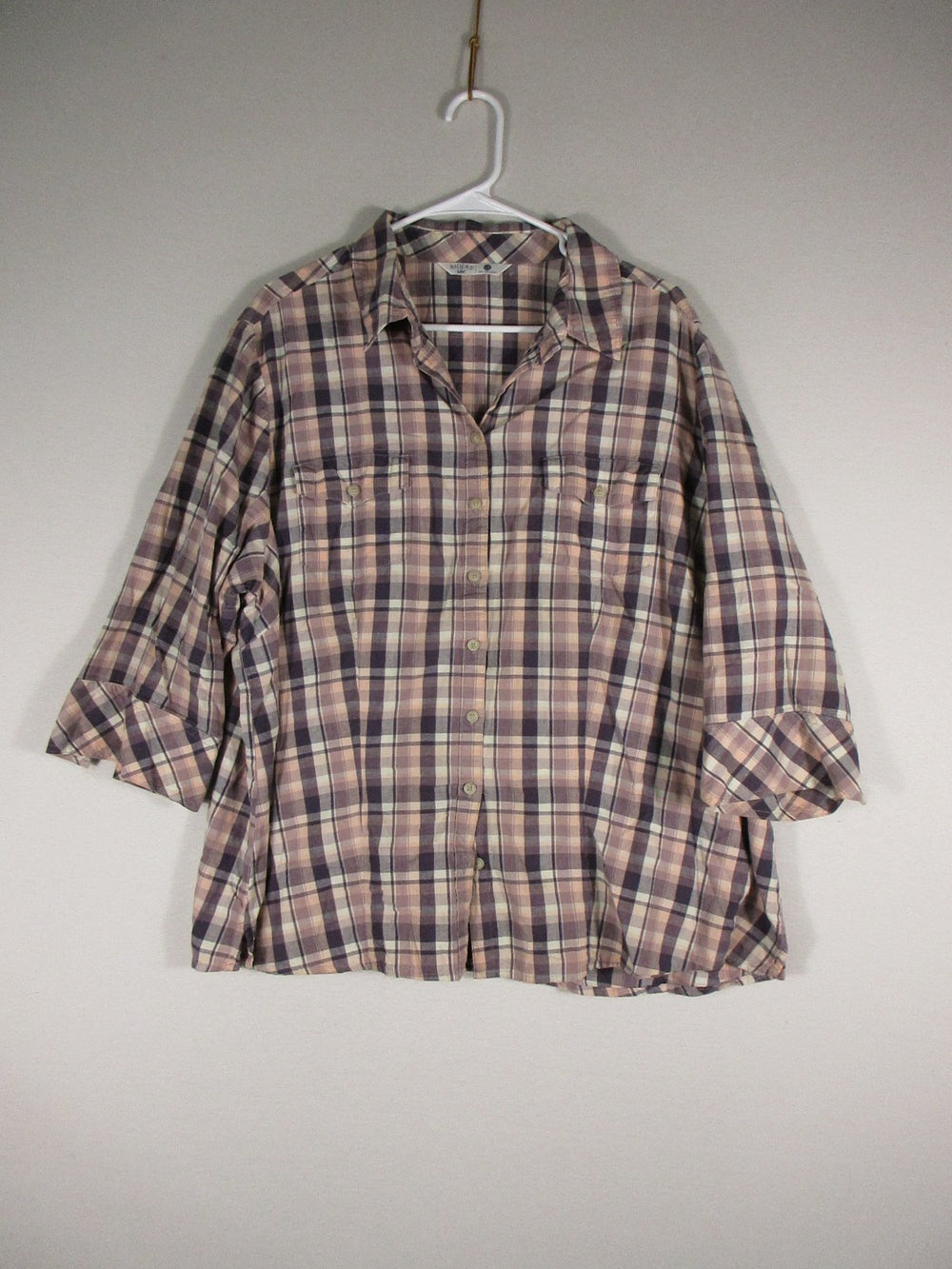 Riders By Lee Womens Plaid Button-Up Blouse 3/4 Sleeve Pockets Size 2X Pink