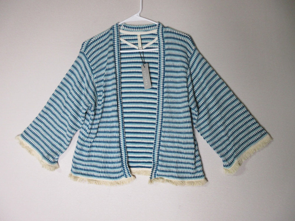 Yargici Womens Striped Open Front Sweater Shirt Long Sleeve Fringe Hem Sz L Blue