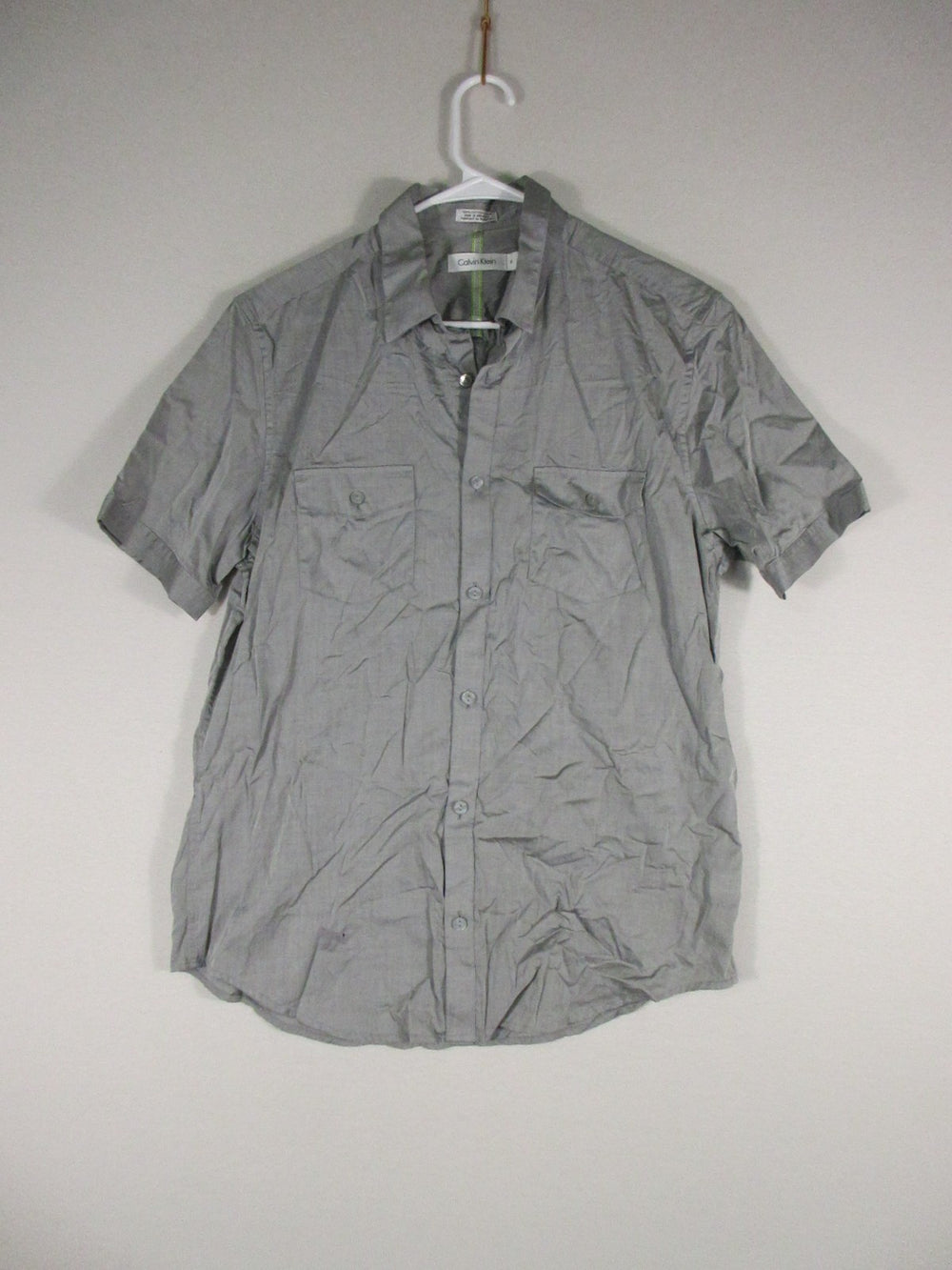 Calvin Klein Mens 100% Cotton Button-Up Shirt Short Sleeve Pockets Size M Gray