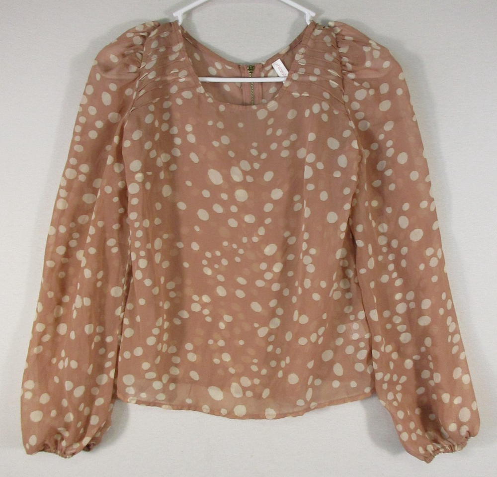 Xhilaration Womens Crew Neck Polka Dot Blouse Back Zip Long Sleeve Sz XS Orange