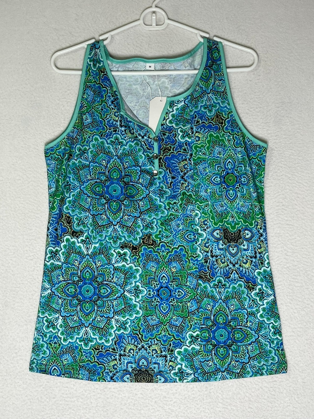 Vintage Blue Green Allover Print Henley Tank Top Sleeveless Women's Size Medium