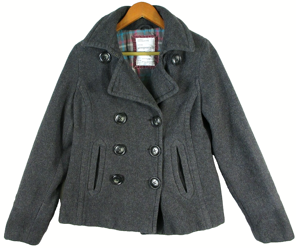 Aeropostale Womens Double Breasted Pea Coat Long Sleeve Pockets Size M Grey