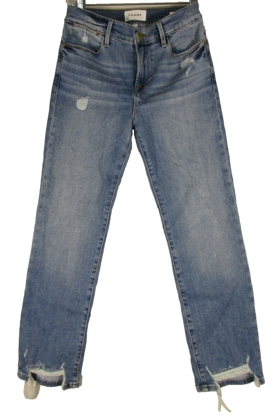 Frame Womens Denim Straight Leg Jeans Distressed Flat Front Size 27 Blue