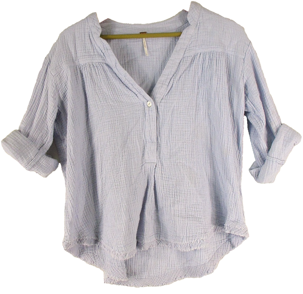 Free People Womens Button-Up V-Neck Blouse Raw Hem Long Sleeve Size S Purple