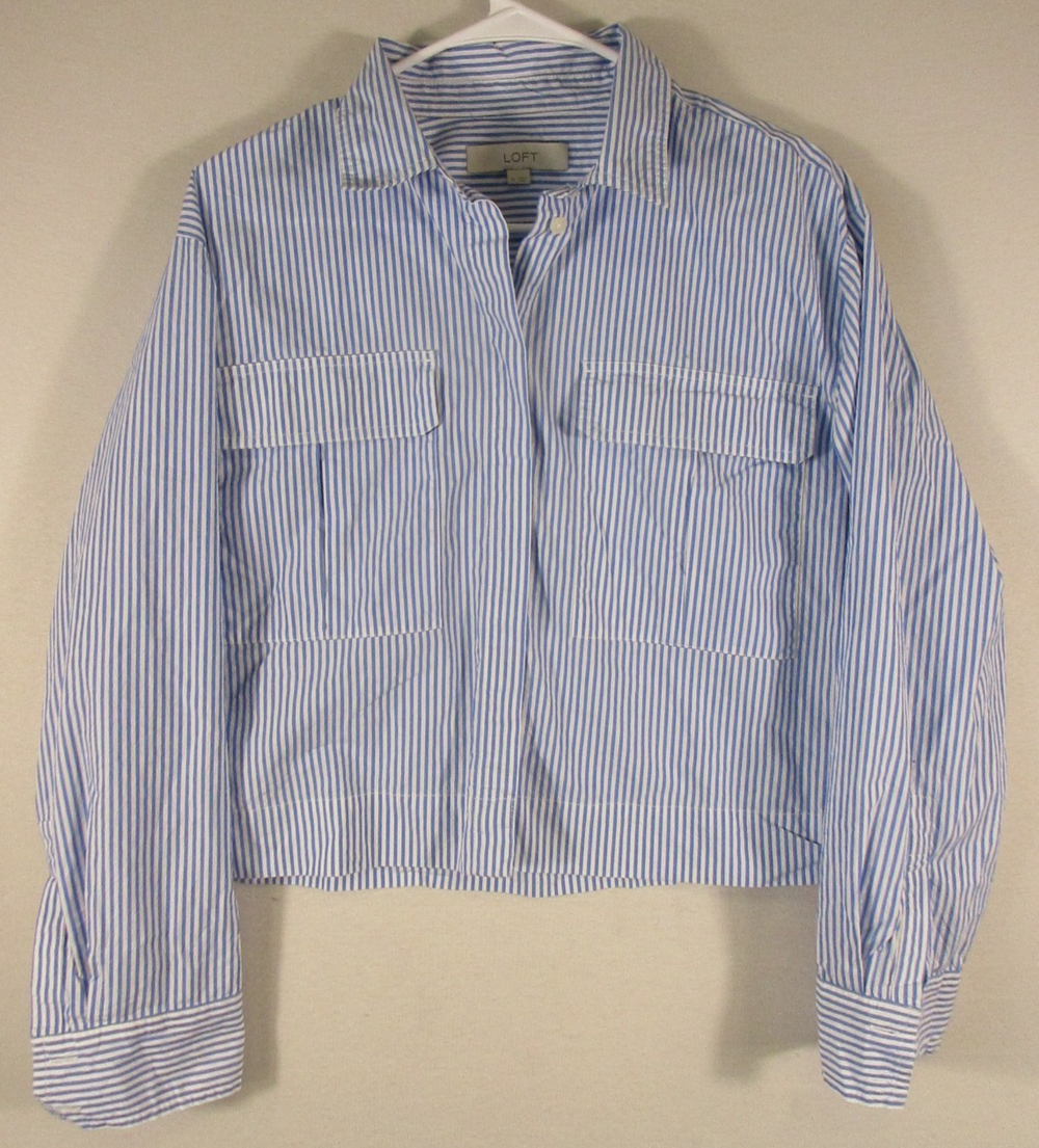 Loft Womens Button Front Striped Shirt Long Sleeve Pockets Size M Blue/White