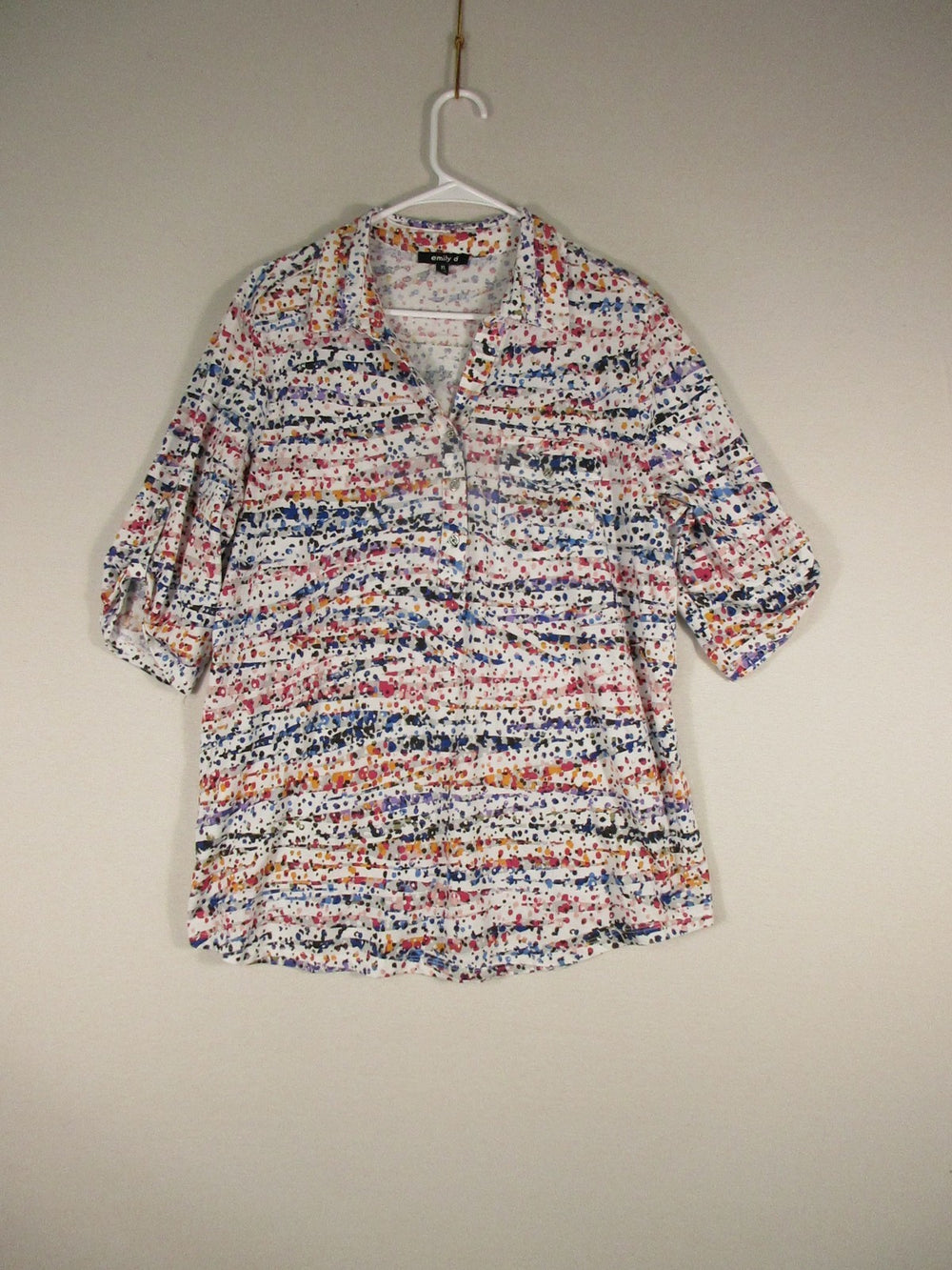 Emily D Womens Button-Up Splatter Paint Polo Shirt Short Sleeve Size XL White