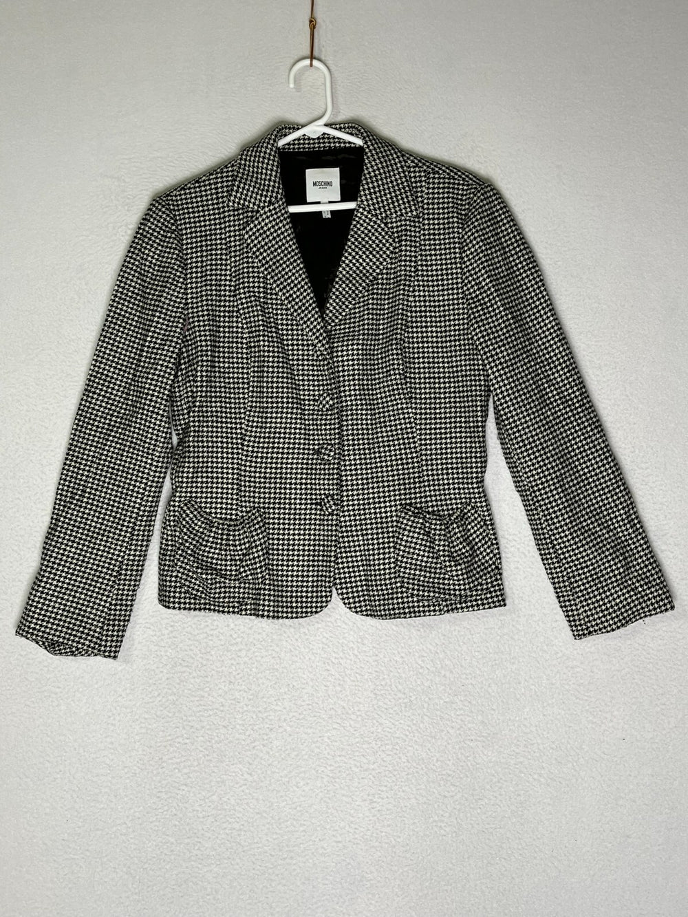 Moschino Jeans Black White Vintage Houndstooth Wool Blazer Jacket Womens Size 12