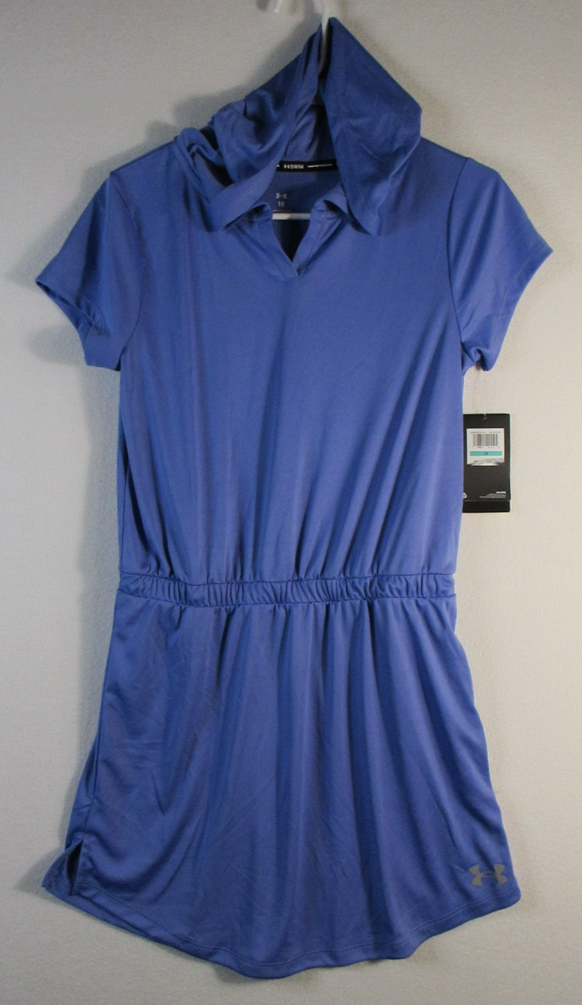 Under Armour Girls Pullover Swim Cover Up Short Sleeve Hooded Size 16 Blue
