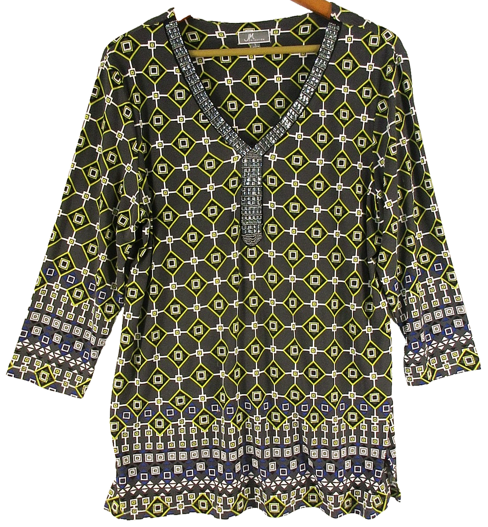 JM Collection Womens Stretch V-Neck Top Geometric Print Size L Green/Blue
