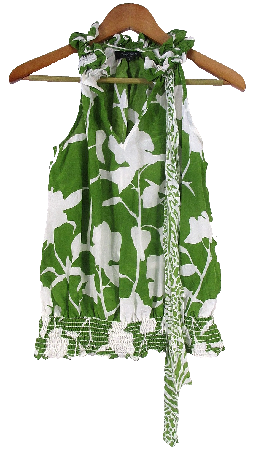 Karen Kane Womens V-Neck Ruffle Blouse Floral Print Sleeveless Sz S Green/White